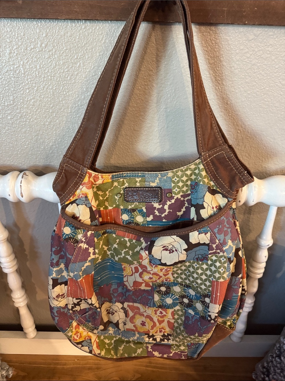 Fossil Patchwork Floral Shoulder Bag in Multi and Brown Accents